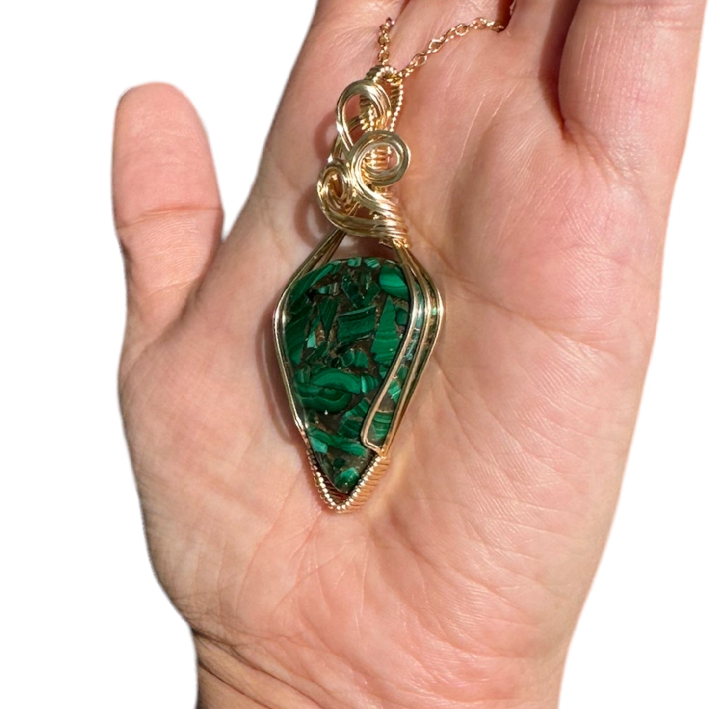 14KT Gold Filled Wire Wrapped Malachite in Copper Crystal Bezel Pendant