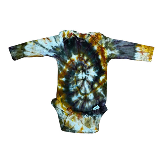 Infant 0-3 Months Black Green and Gold Spiral Ice Dye Tie Dye Long Sleeve Onesie
