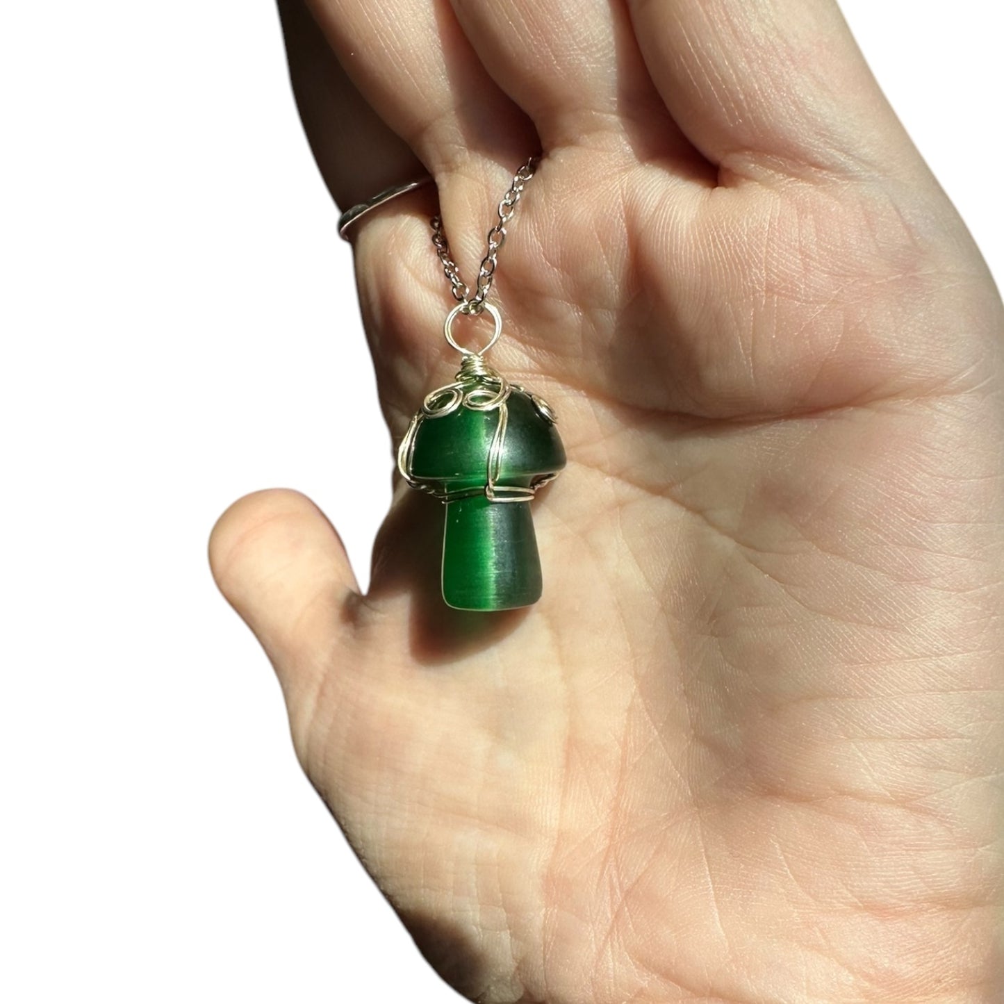 Sterling Silver | 14KT Gold Filled Wire Wrapped Green Cat Eye Mushroom Crystal Pendant