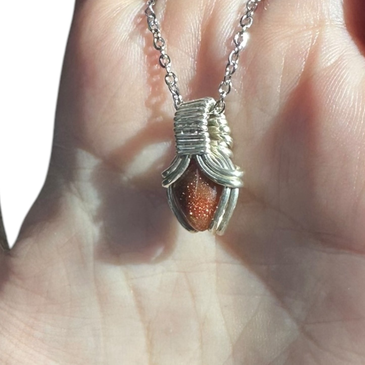 Sterling Silver | 14KT Gold Filled Mini Teardrop Goldstone Wire Wrapped Wishbone 2.0 Pendant