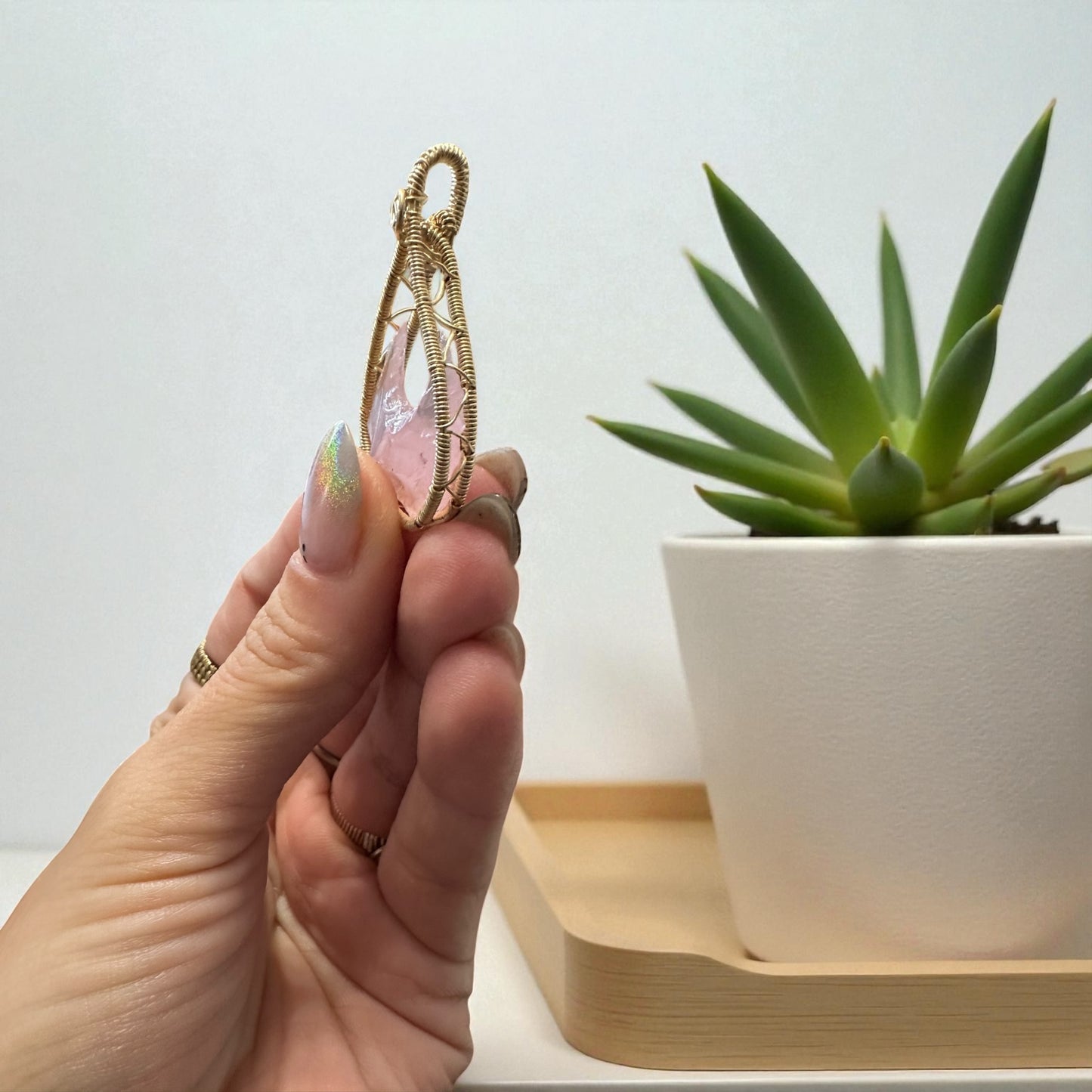 14kt Gold Filled Wire Wrapped Rose Quartz Moon Crystal Bezel Pendant