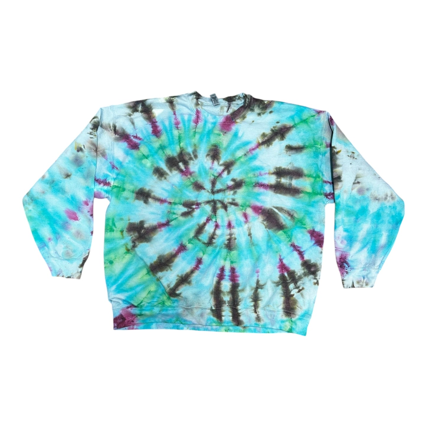 Adult 2XL Brown Green Blue and Purple Spiral Ice Tie Dye Crewneck Sweater