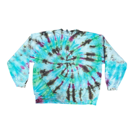 Adult 2XL Brown Green Blue and Purple Spiral Ice Tie Dye Crewneck Sweater