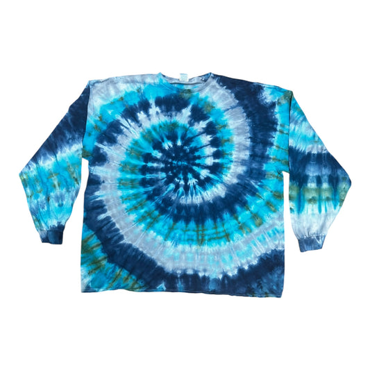 Adult 3XL Blue and Gray Spiral Ice Dye Tie Dye Long Sleeve T-Shirt