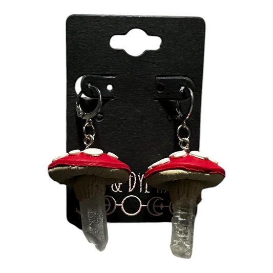 Hypoallergenic Clay Mushroom and Clear Quartz Raw Point Dangle Clay Earrings