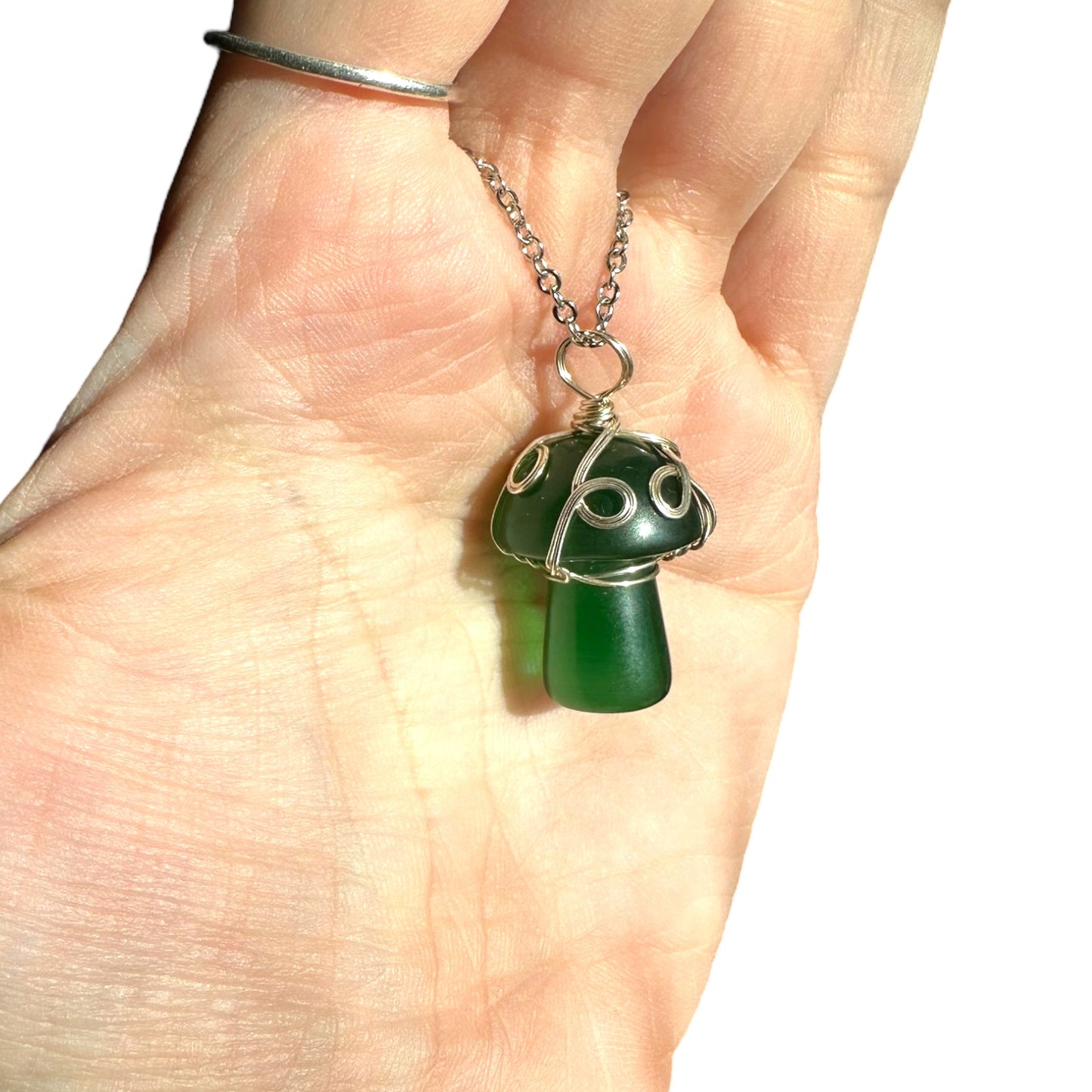 Sterling Silver | 14KT Gold Filled Wire Wrapped Green Cat Eye Mushroom Crystal Pendant