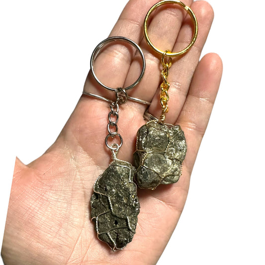 Silver | Gold Wire Wrapped Pyrite Crystal Keychain