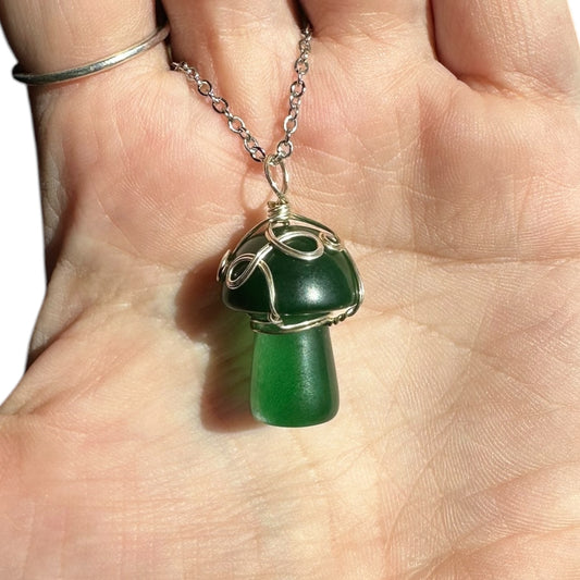 Sterling Silver | 14KT Gold Filled Wire Wrapped Green Cat Eye Mushroom Crystal Pendant