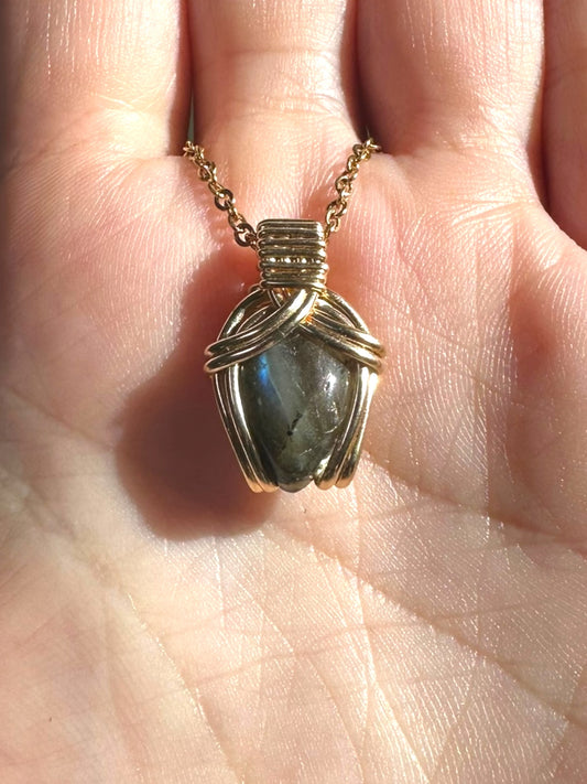 Sterling Silver | 14KT Gold Filled Mini Teardrop Labradorite Wire Wrapped Wishbone 2.0 Pendant