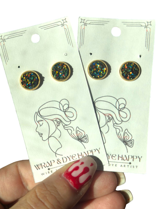 8MM Hypoallergenic Gold with Multi-Colored Sparkle Druzy Earring Studs