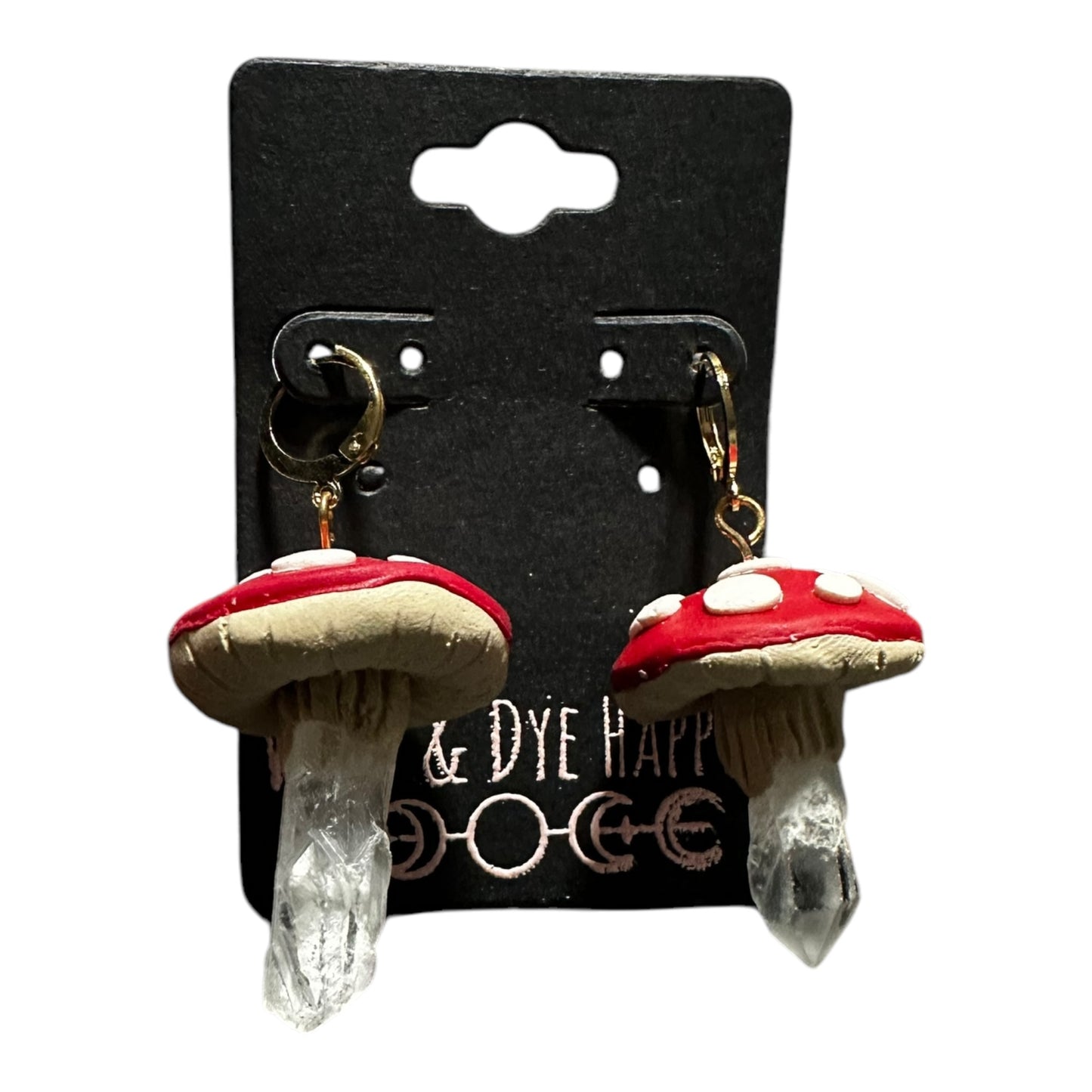 Hypoallergenic Clay Mushroom and Clear Quartz Raw Point Dangle Clay Earrings
