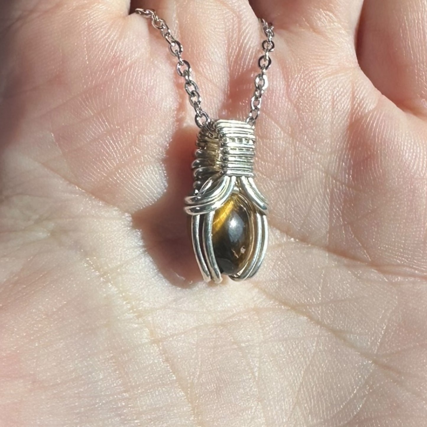 Sterling Silver | 14KT Gold Filled Mini Teardrop Tiger's Eye Wire Wrapped Wishbone 2.0 Pendant