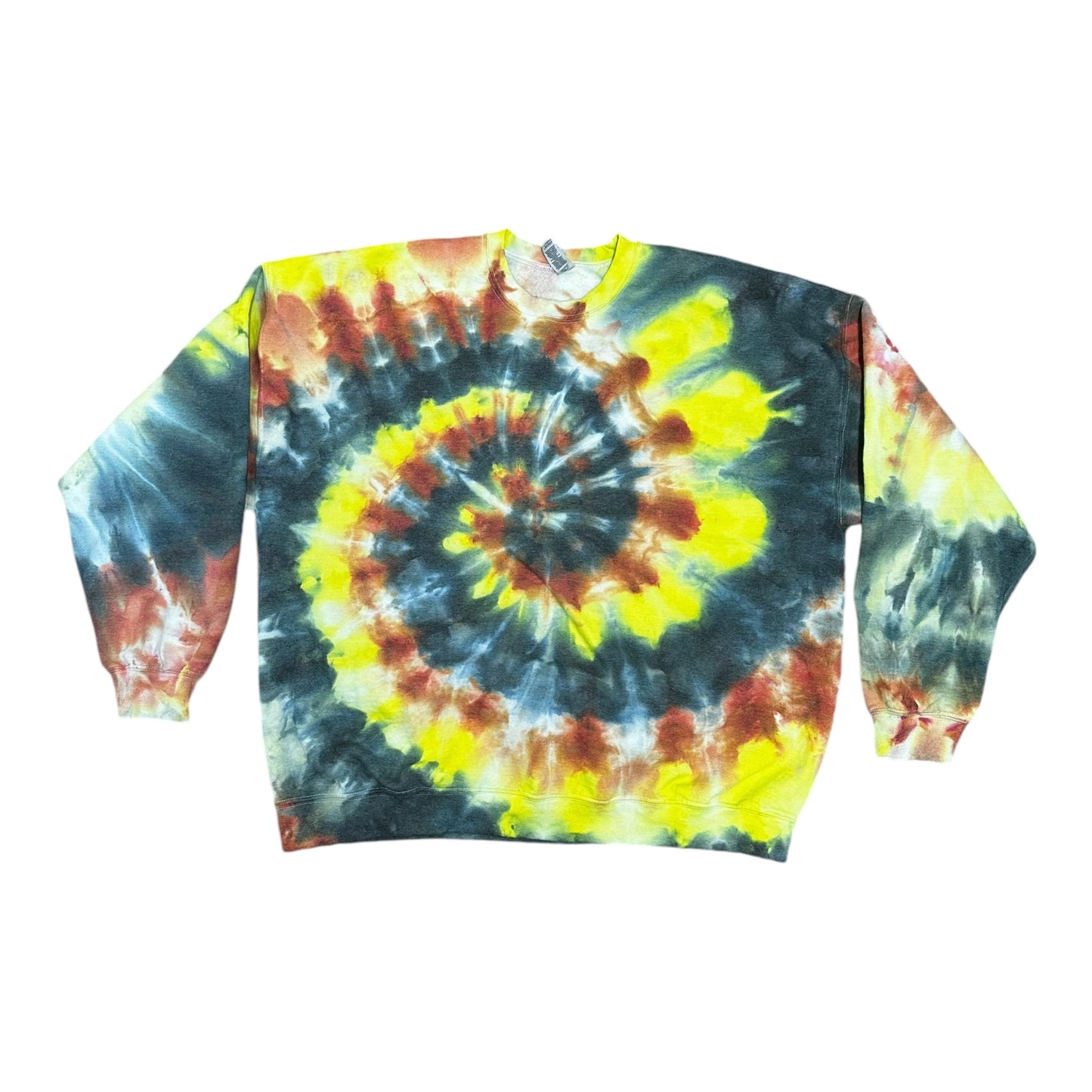 Adult 3XL Black Yellow and Reddish Orange Spiral Ice Tie Dye Crewneck Sweater