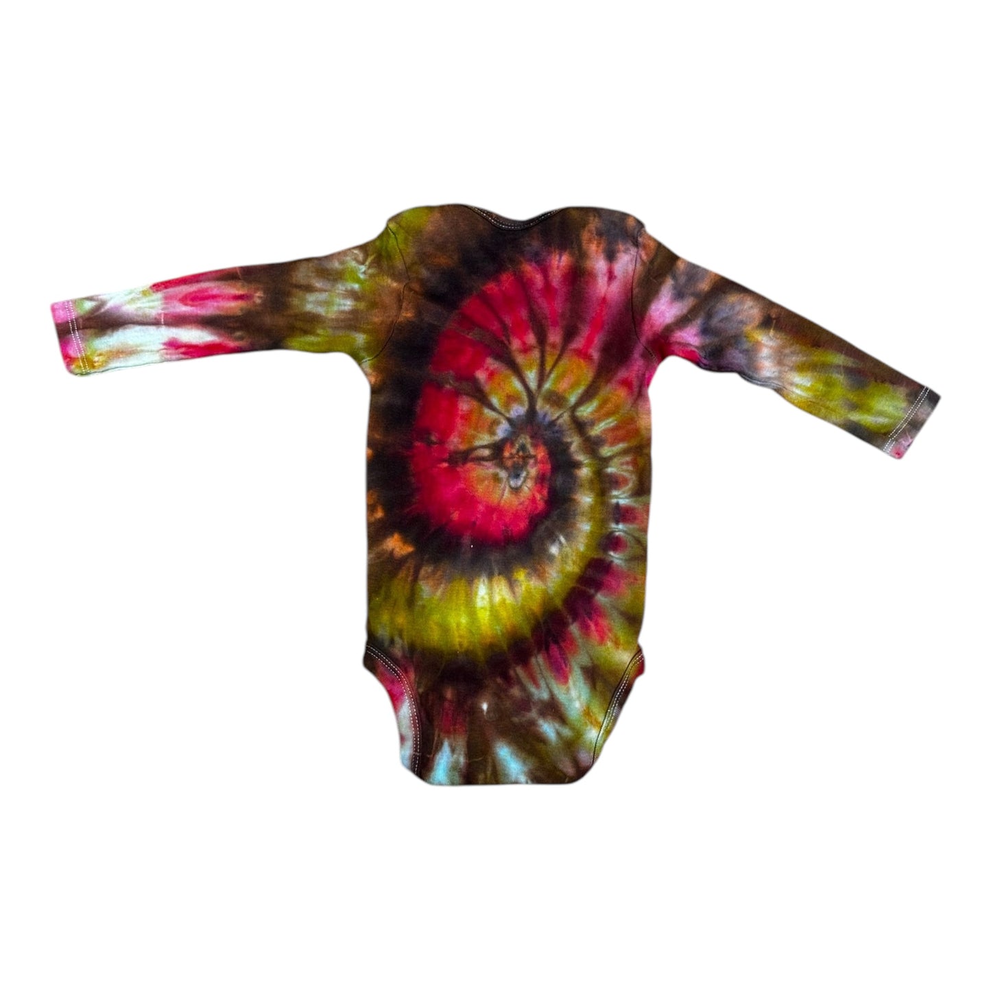Infant 6-9 Months Brown Red and Green Spiral Ice Dye Tie Dye Long Sleeve Onesie