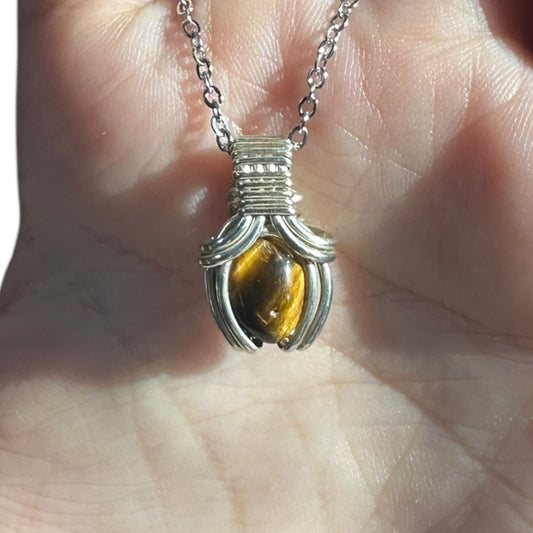 Sterling Silver | 14KT Gold Filled Mini Teardrop Tiger's Eye Wire Wrapped Wishbone 2.0 Pendant