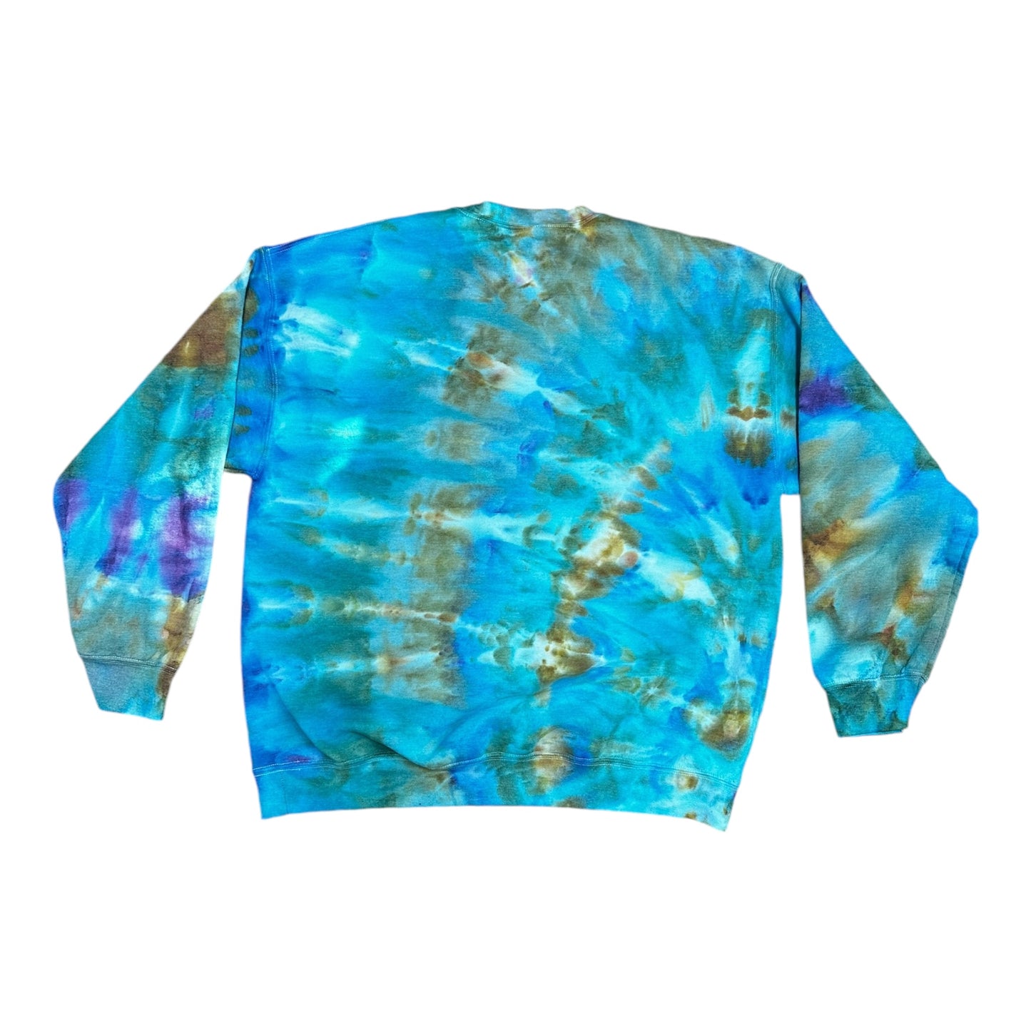 Adult XL Gold Blue Green and Teal Spiral Ice Tie Dye Crewneck Sweater