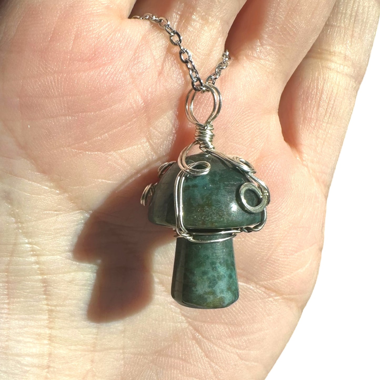 Sterling Silver | 14KT Gold Filled Wire Wrapped Moss Agate Crystal Mushroom Pendant