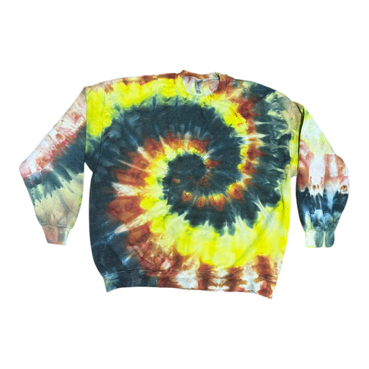 Adult 2XL Black Yellow and Reddish Orange Spiral Ice Tie Dye Crewneck Sweater