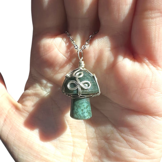 Sterling Silver | 14KT Gold Filled Wire Wrapped Moss Agate Crystal Mushroom Pendant