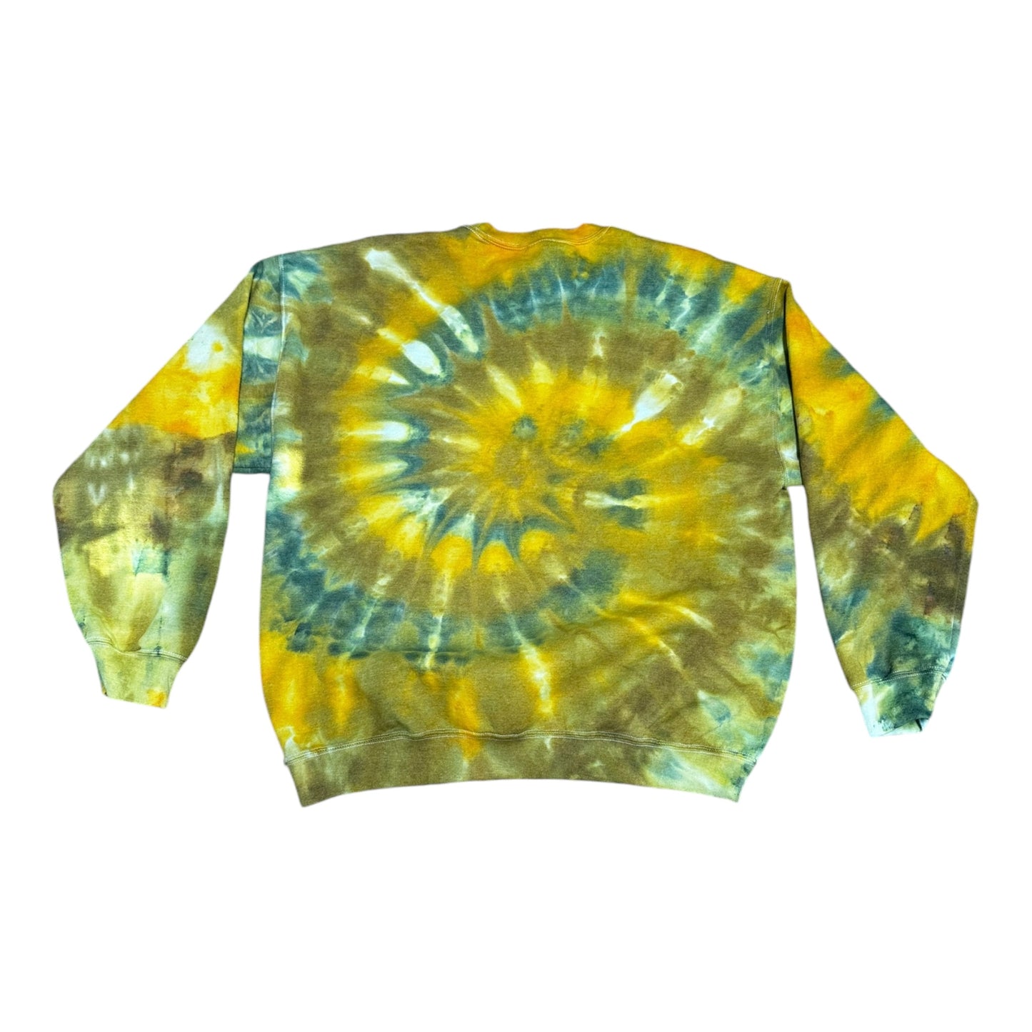Adult XL Gold Green and Moss Green Spiral Ice Tie Dye Crewneck Sweater