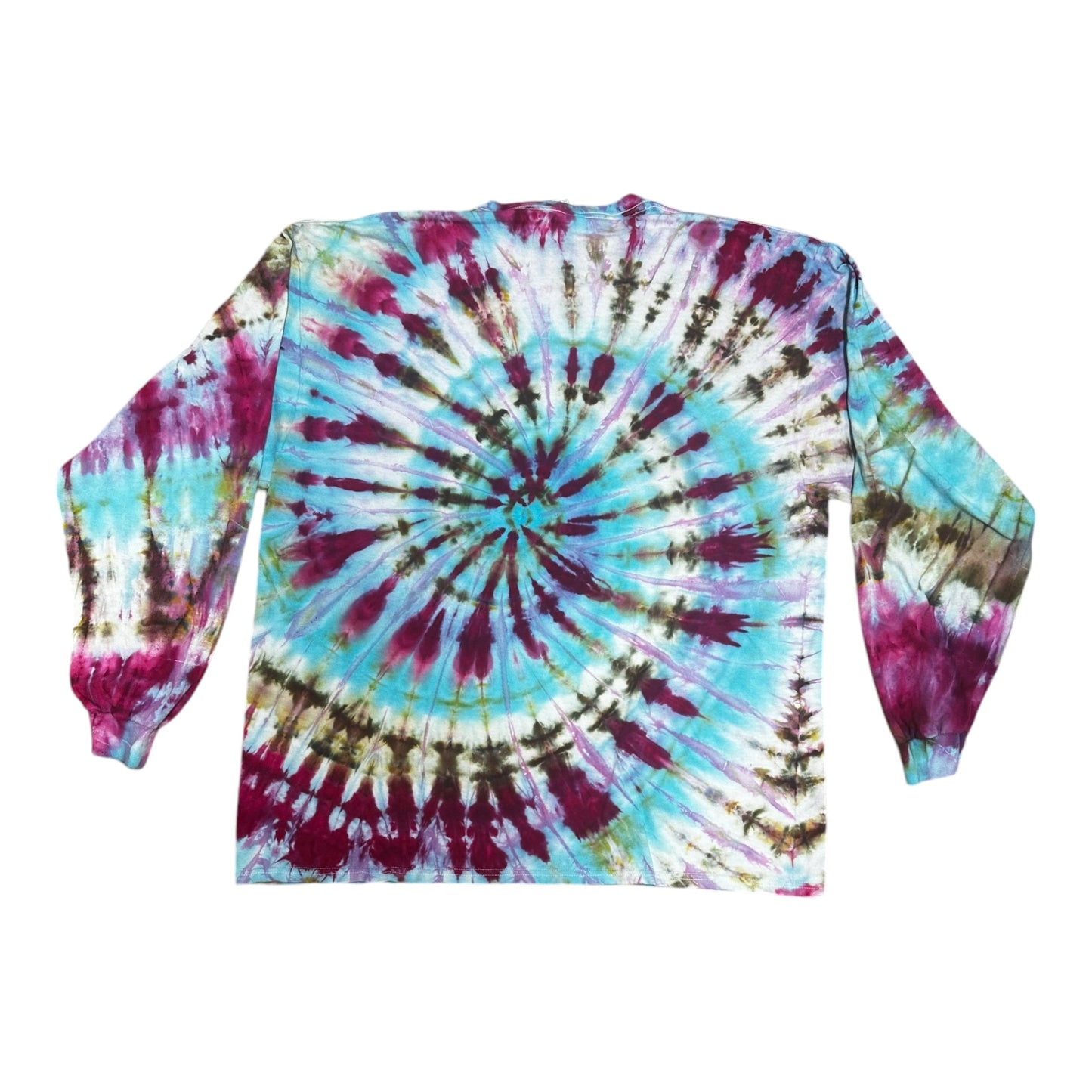 Adult Small Turquoise Purple and Green Spiral Ice Dye Tie Dye Long Sleeve T-Shirt