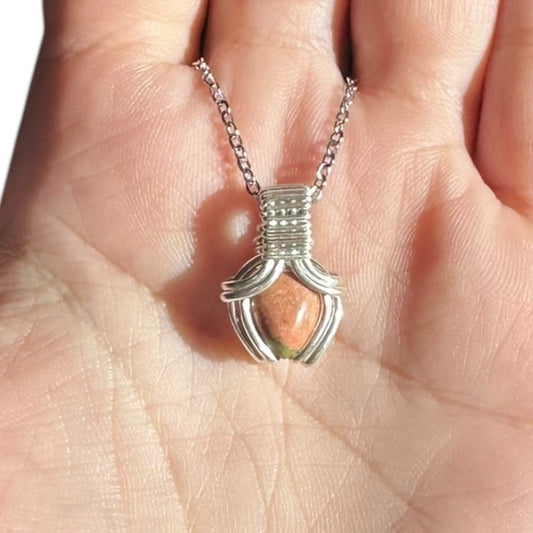 Sterling Silver | 14KT Gold Filled Mini Teardrop Unakite Wire Wrapped Wishbone 2.0 Pendant