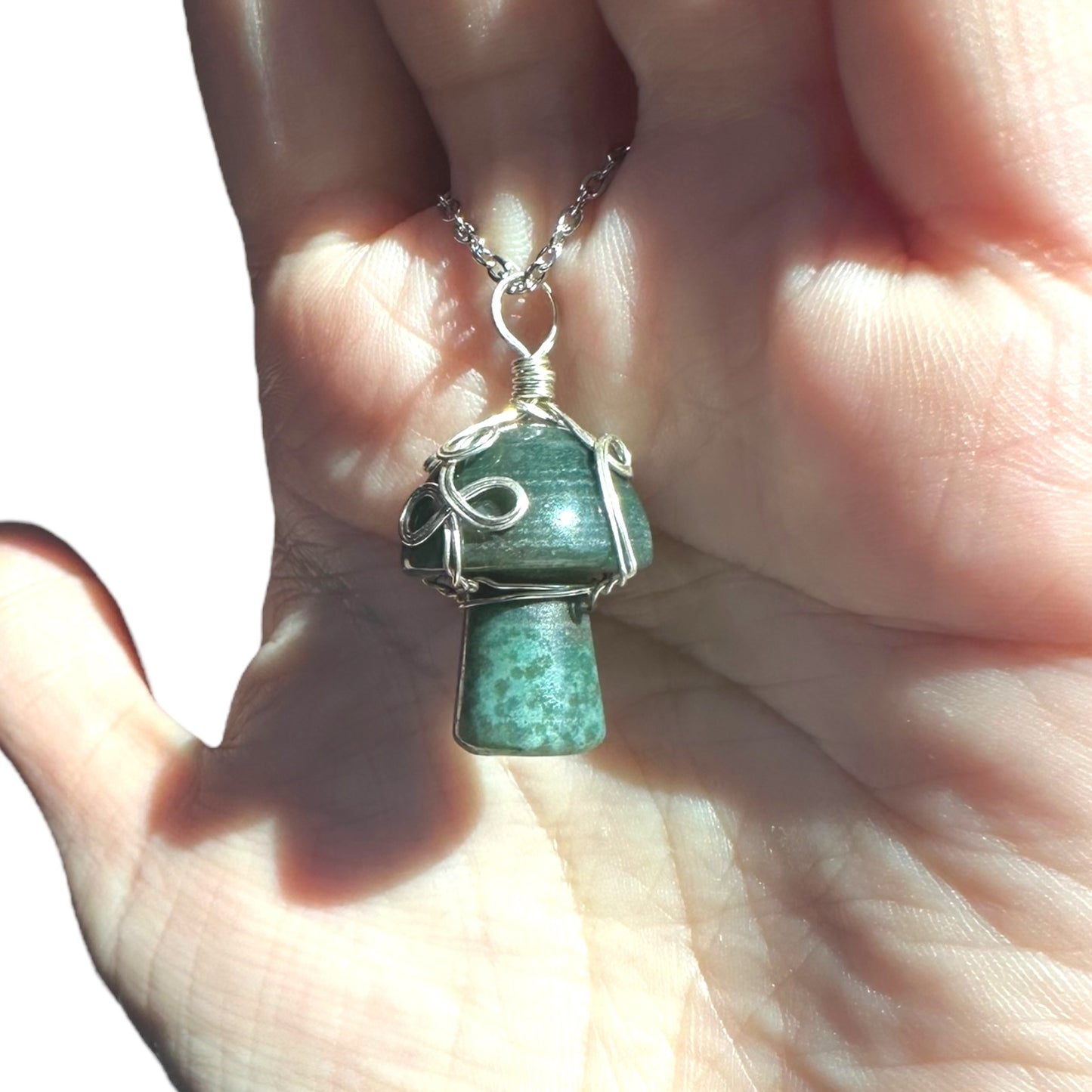 Sterling Silver | 14KT Gold Filled Wire Wrapped Moss Agate Crystal Mushroom Pendant