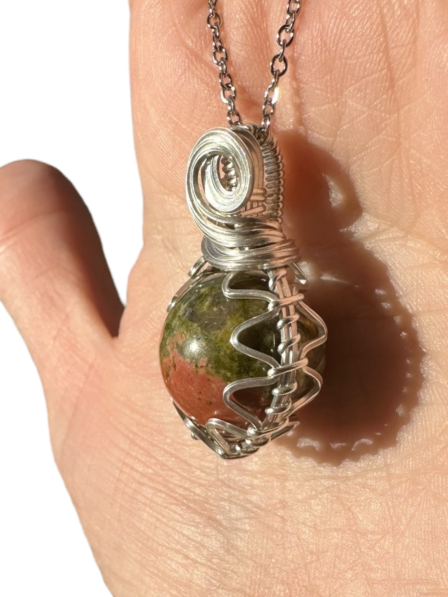 Sterling Silver Wire Wrapped Unakite Crystal Fidget Bezel Pendant