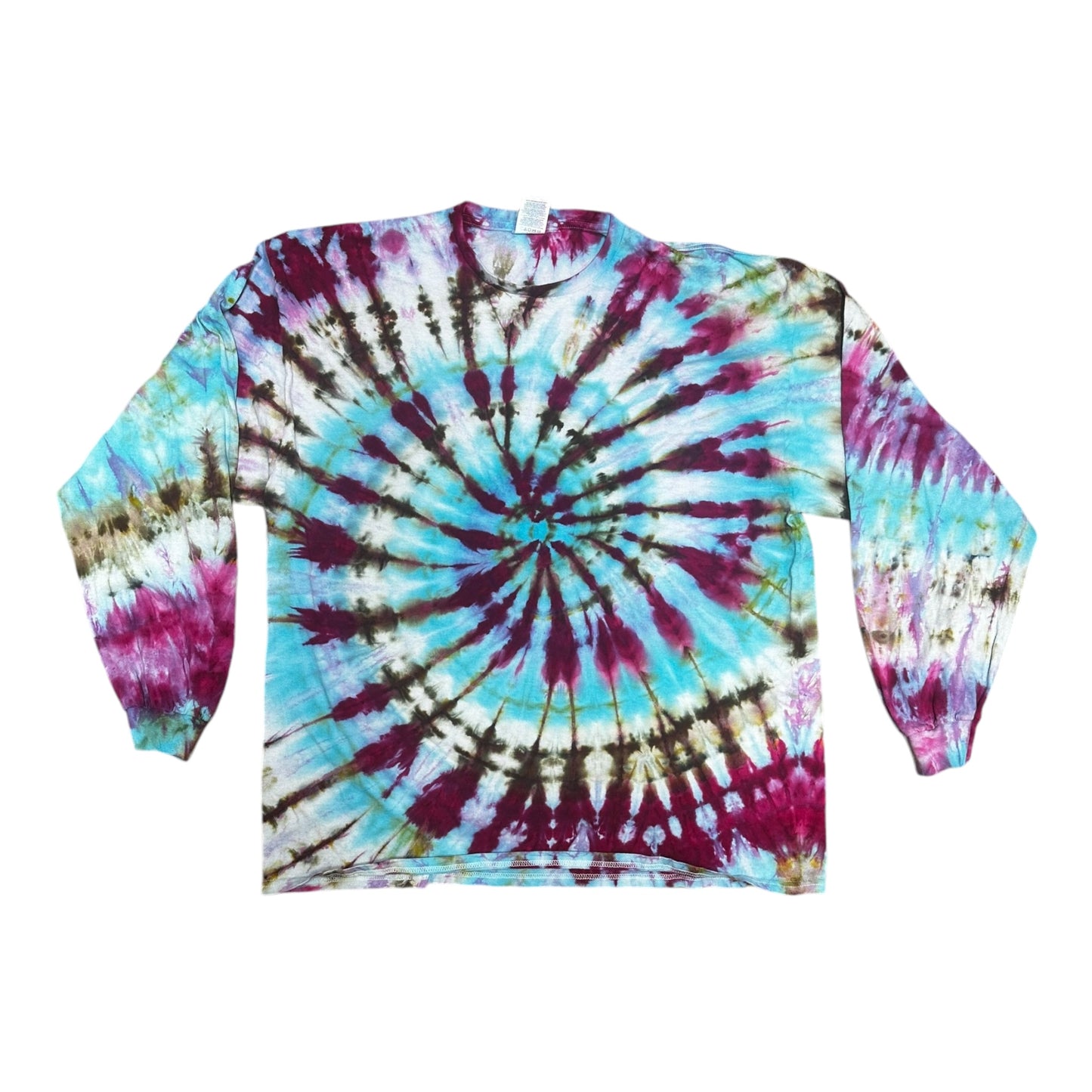 Adult Small Turquoise Purple and Green Spiral Ice Dye Tie Dye Long Sleeve T-Shirt