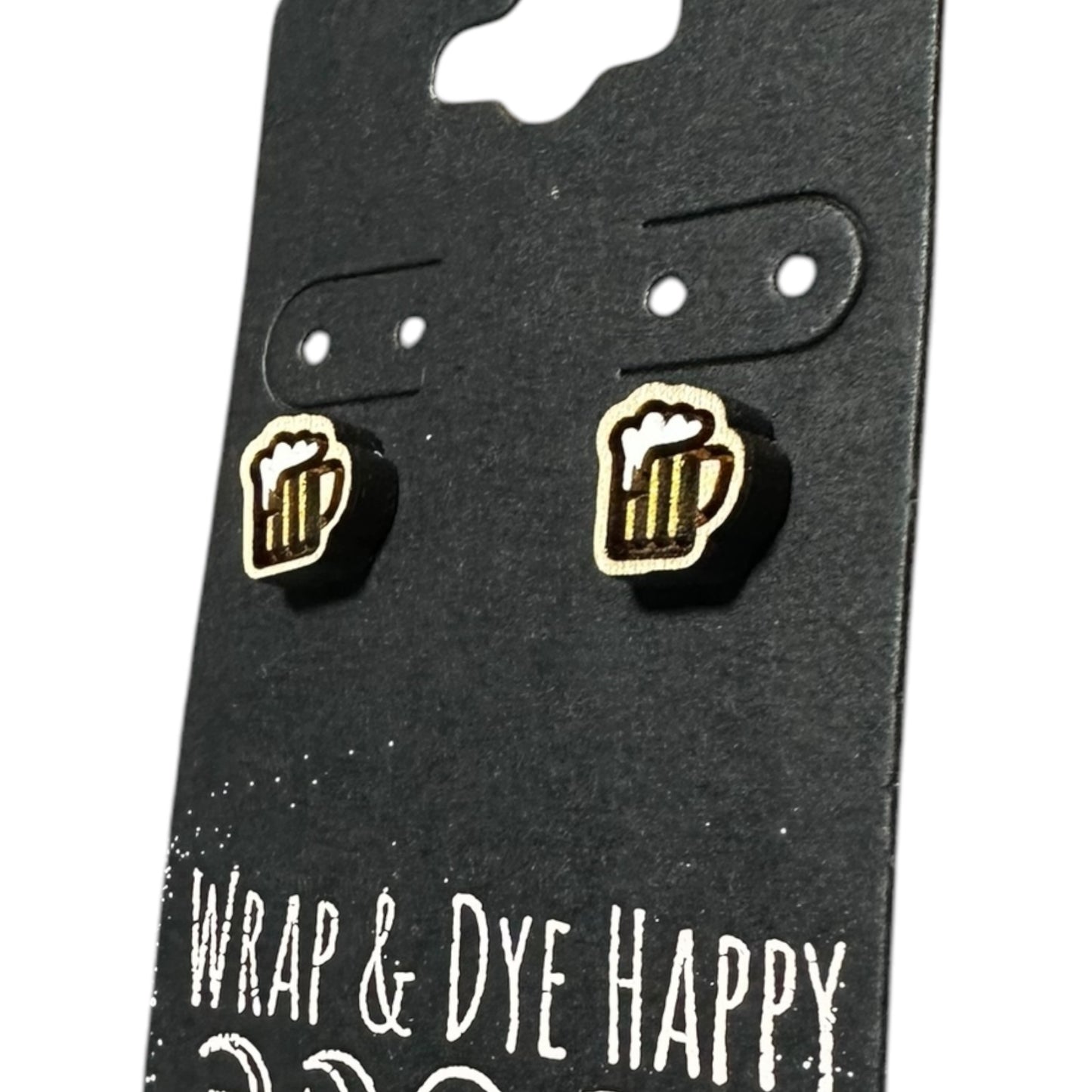 Hypoallergenic Laser Engraved Painted Beer Mug Wood Stud Earrings
