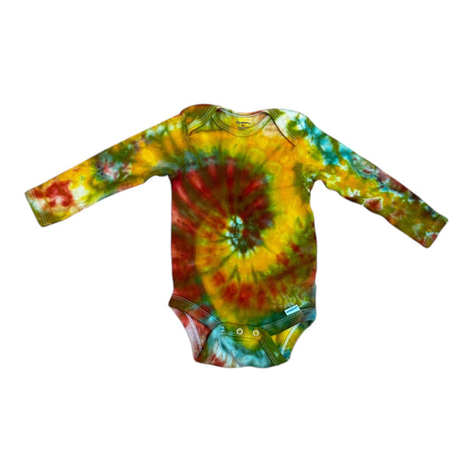 Infant 12 Month Red Yellow and Green Spiral Ice Dye Tie Dye Long Sleeve Onesie