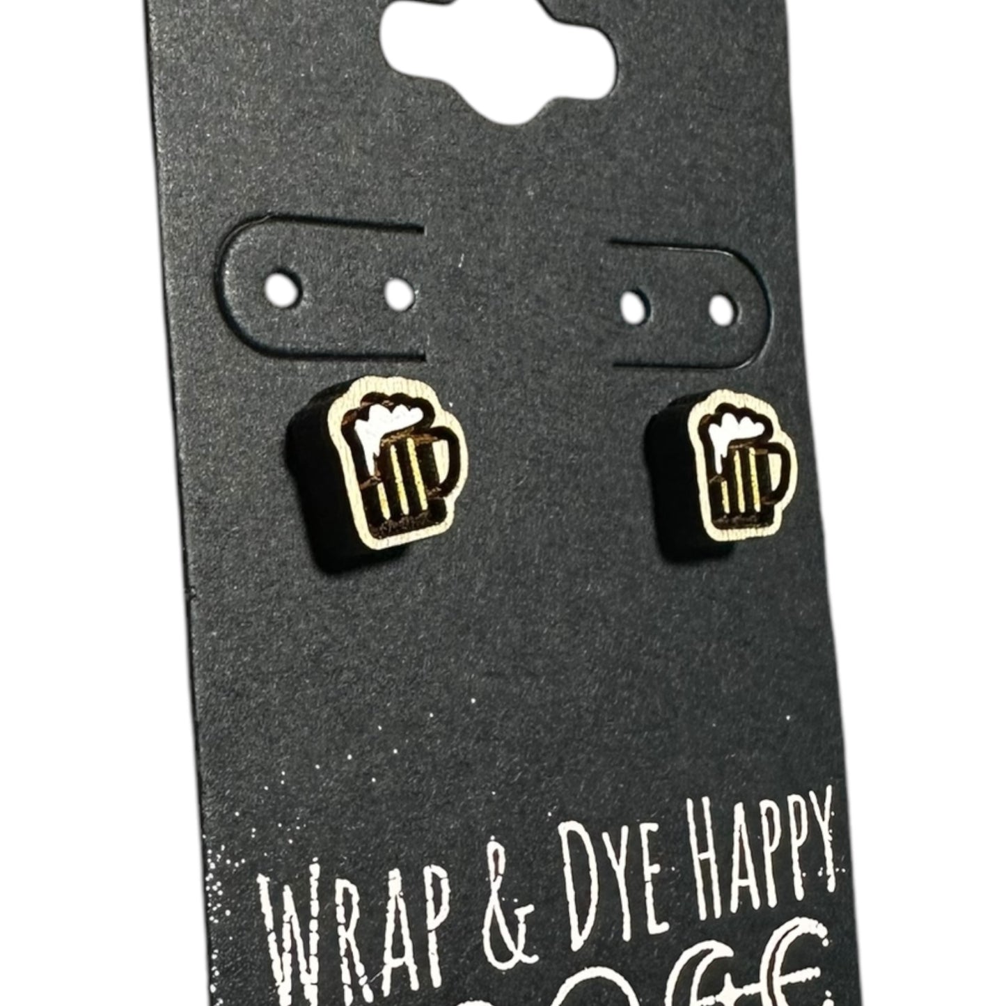 Hypoallergenic Laser Engraved Painted Beer Mug Wood Stud Earrings