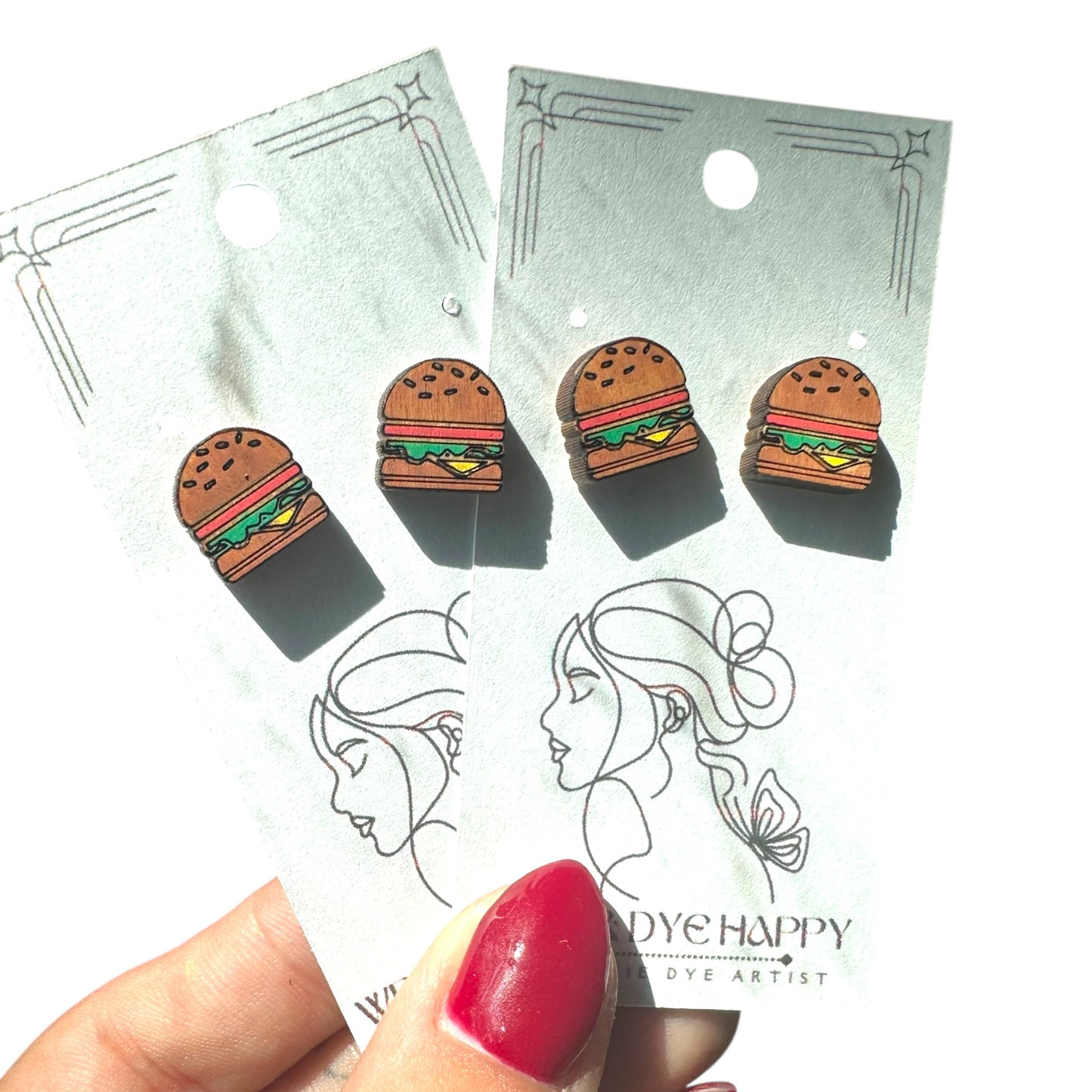 Hypoallergenic Hand Painted Burger Laser Engraved Wood Earrings