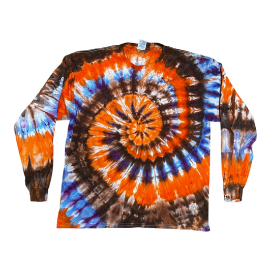 Adult Large Blue Brown and Orange Spiral Ice Dye Tie Dye Long Sleeve T-Shirt