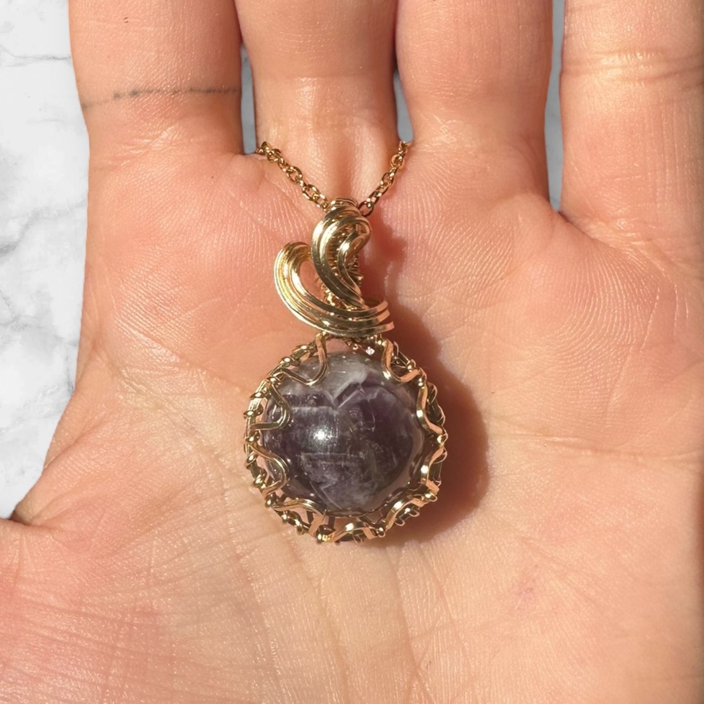 14KT Gold Filled Wire Wrapped Amethyst Crystal Fidget Bezel Pendant