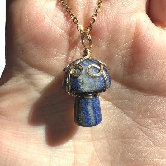 Sterling Silver | 14KT Gold Filled Wire Wrapped Lapis Lazuli Crystal Mushroom Pendant