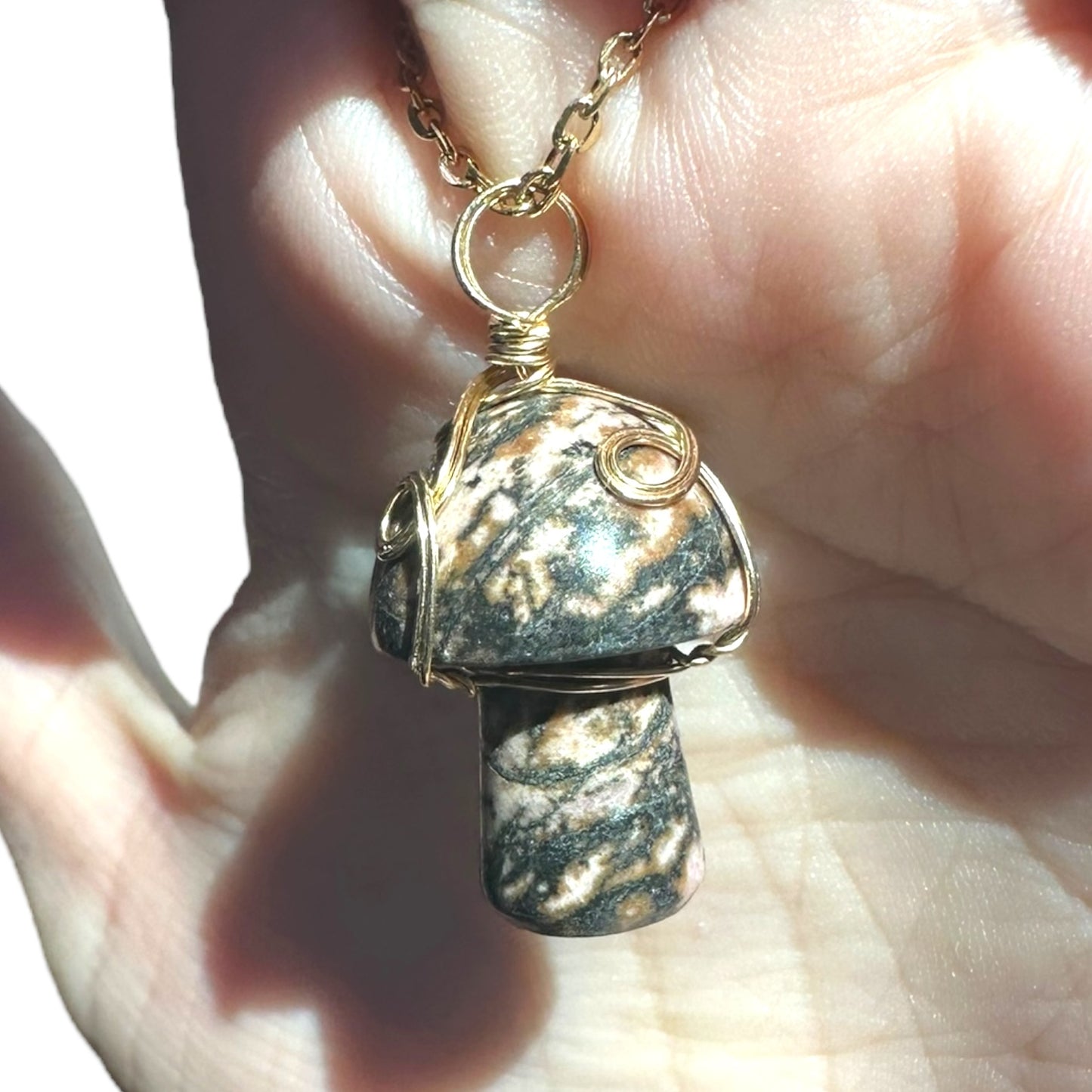 Sterling Silver | 14KT Gold Filled Wire Wrapped Rhodonite Crystal Mushroom Pendant