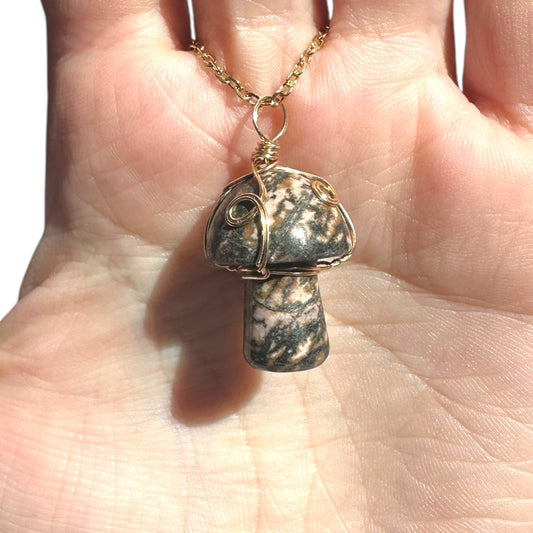 Sterling Silver | 14KT Gold Filled Wire Wrapped Rhodonite Crystal Mushroom Pendant
