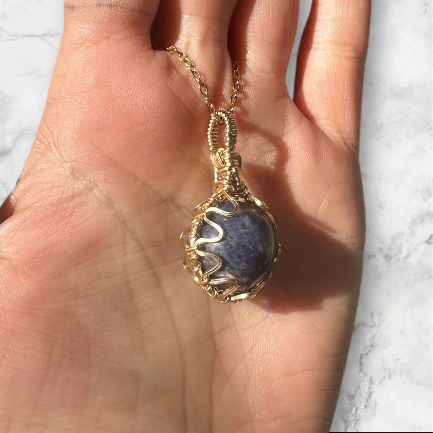 Sterling Silver | 14KT Gold Filled Wire Wrapped Sodalite Crystal Fidget Bezel Pendant