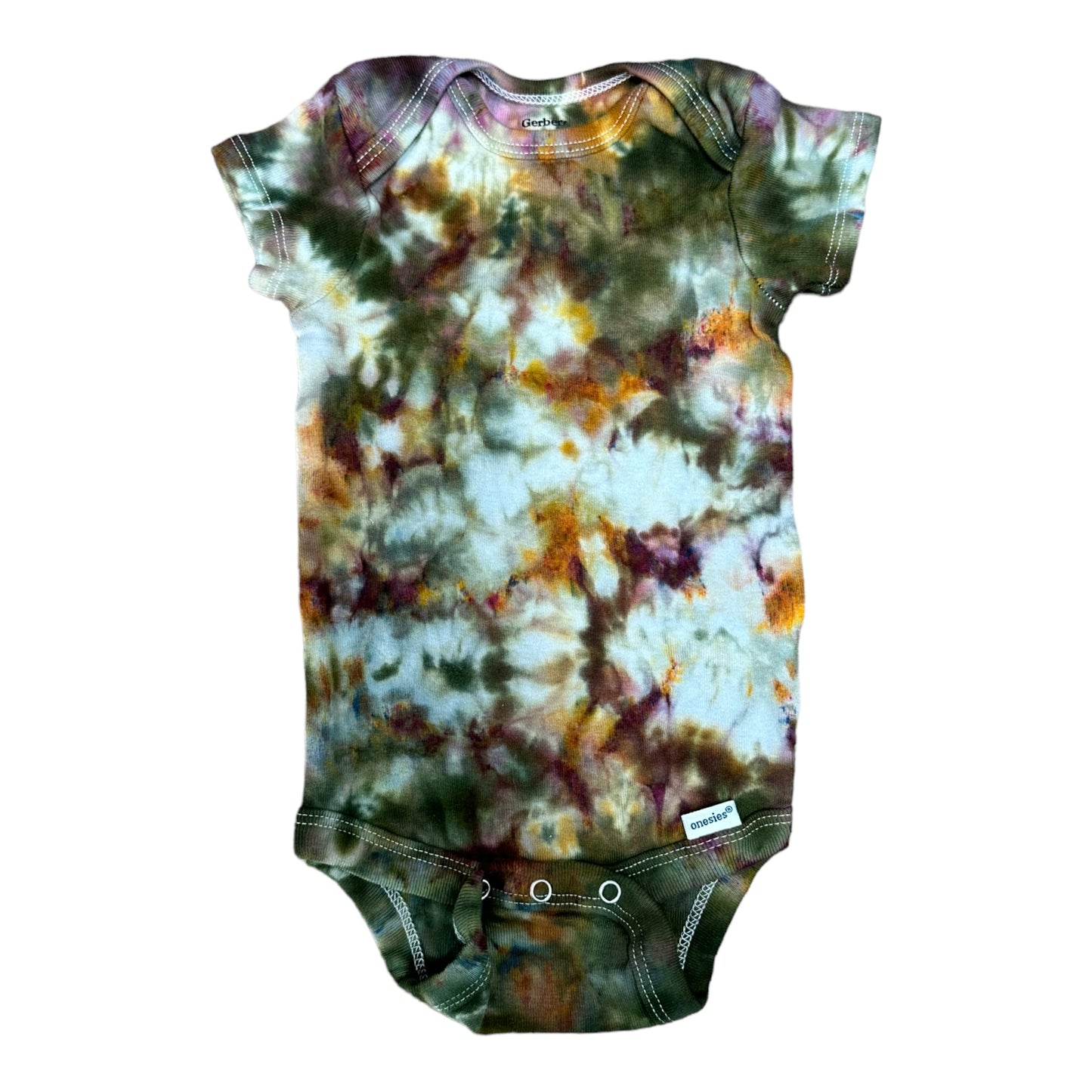 Infant 3-6 Months Green Golden Yellow and Brown Scrunch Ice Dye Tie Dye Onesie