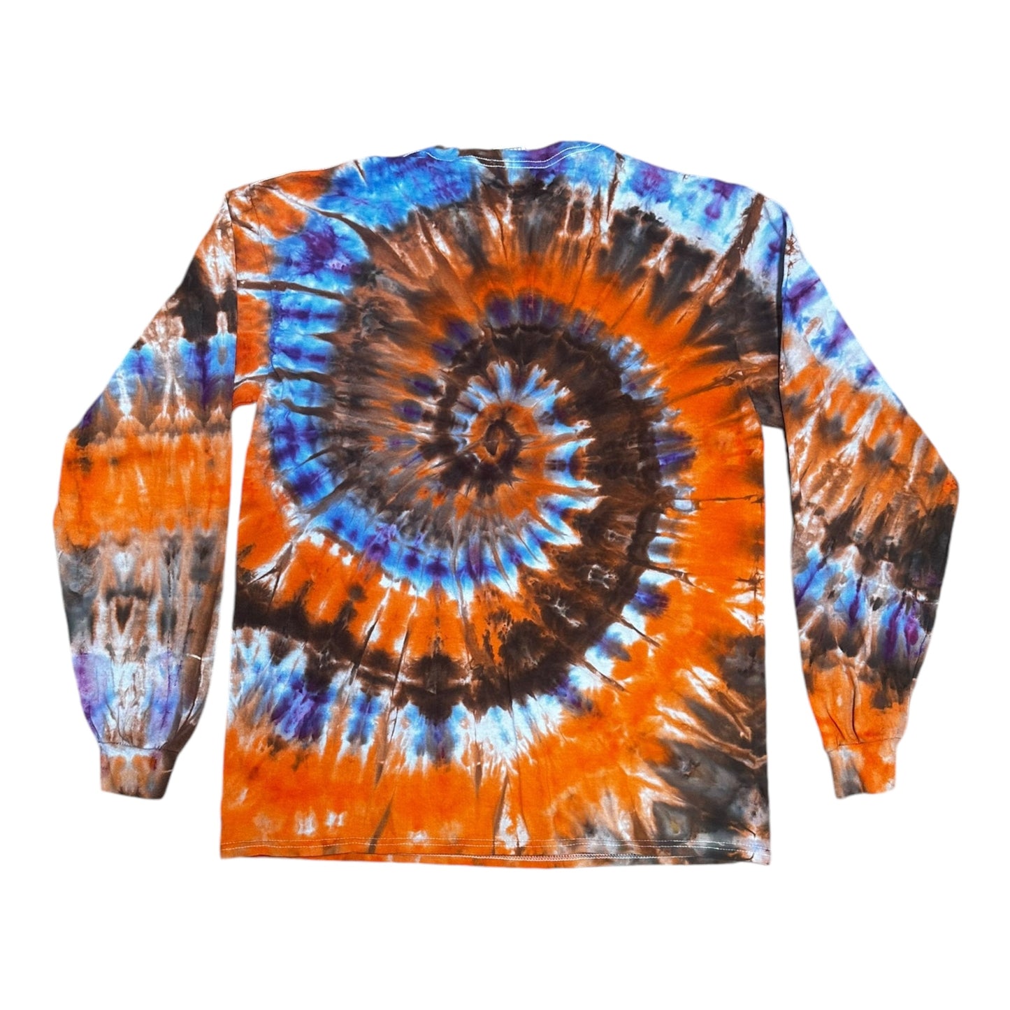 Adult XL Blue Brown and Orange Spiral Ice Dye Tie Dye Long Sleeve T-Shirt