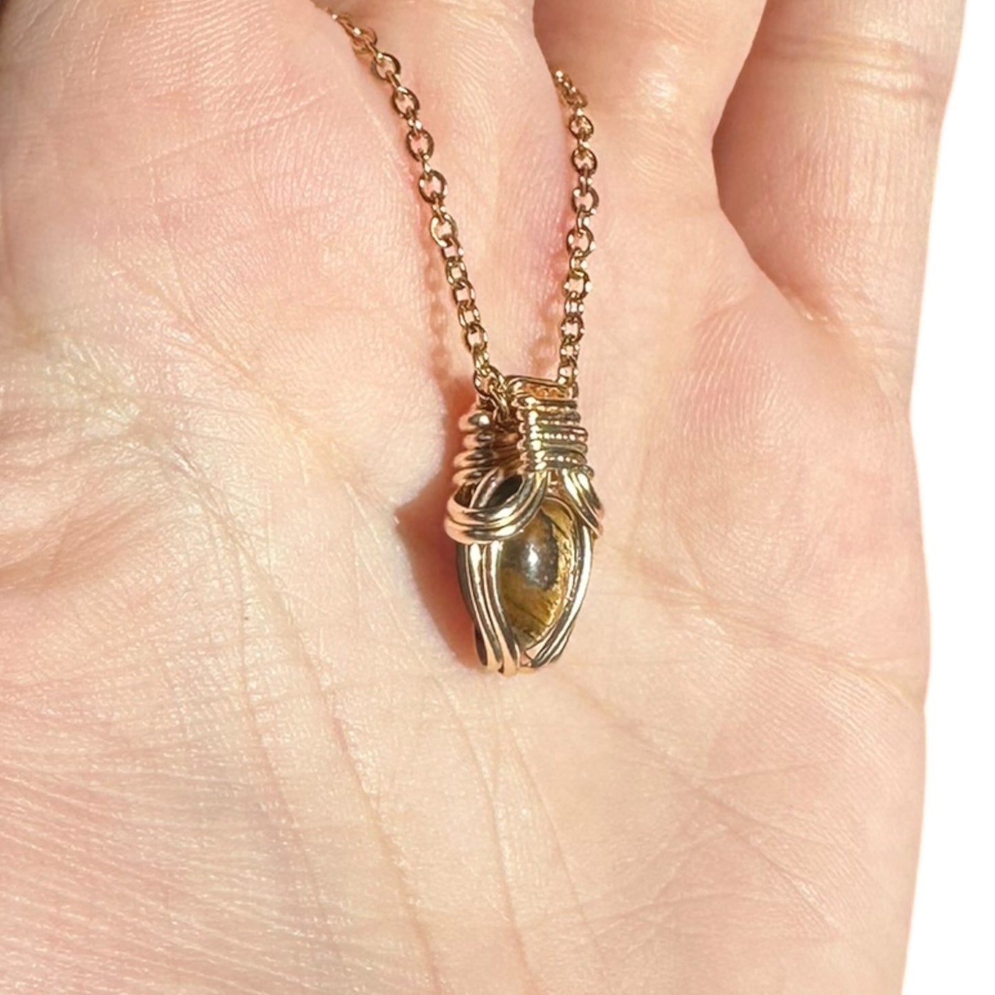 Sterling Silver | 14KT Gold Filled Mini Teardrop Tiger's Eye Wire Wrapped Wishbone 2.0 Pendant