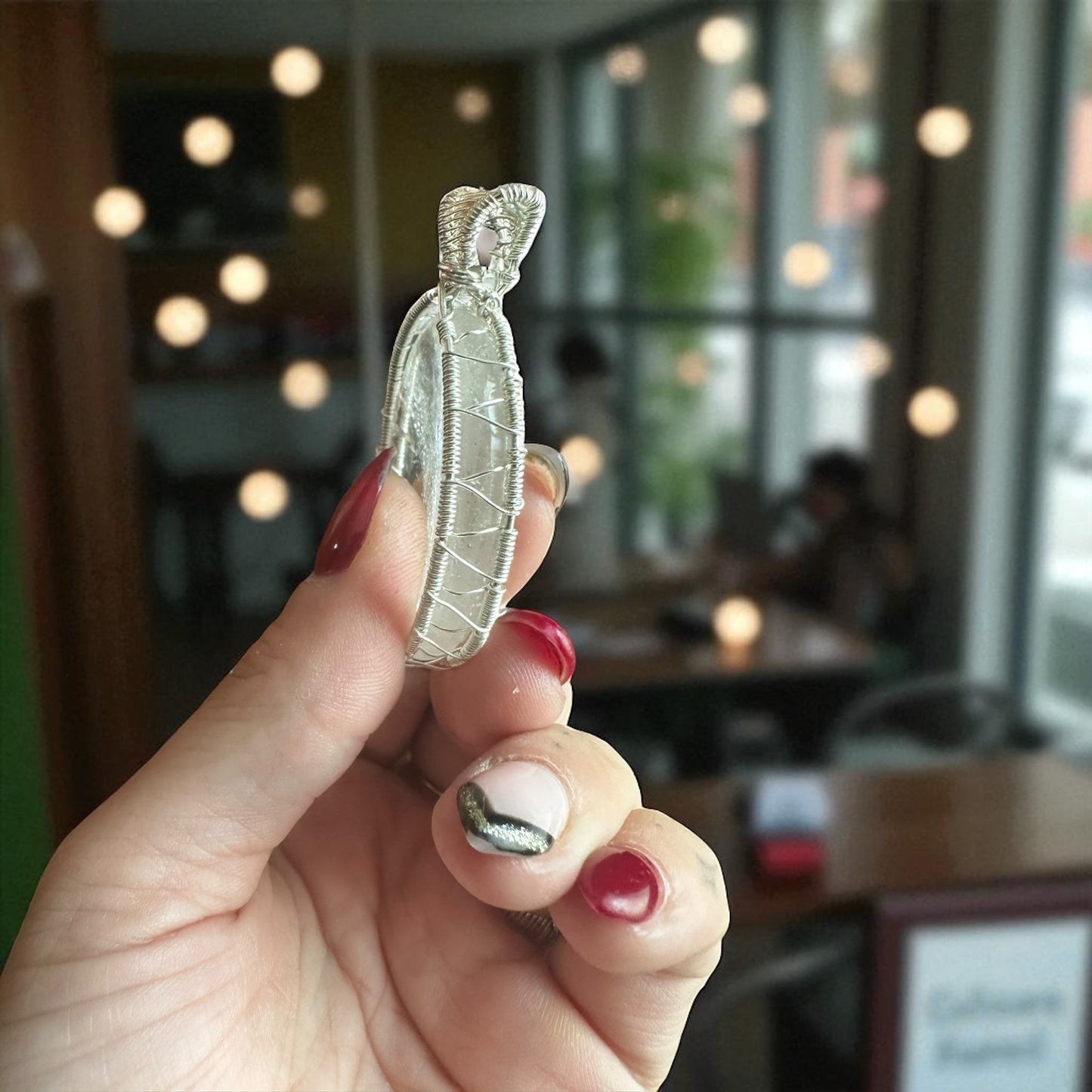 Sterling Silver Wire Wrapped Clear Quartz Worry Stone Crystal Pendant