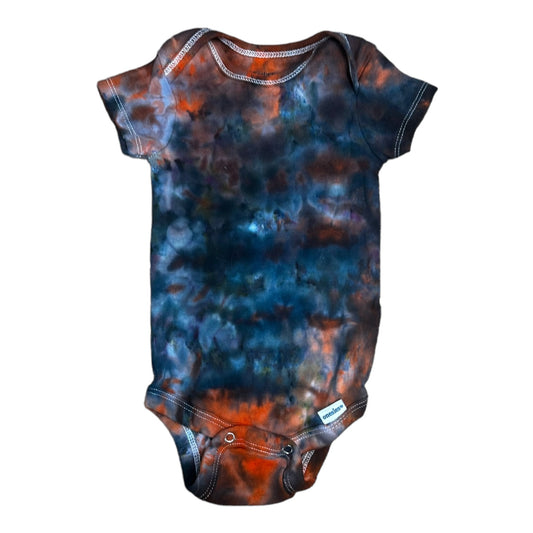 Infant 0-3 Months Blue Black and Orange Scrunch Ice Dye Tie Dye Onesie