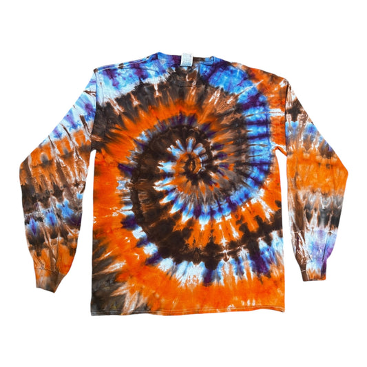 Adult XL Blue Brown and Orange Spiral Ice Dye Tie Dye Long Sleeve T-Shirt