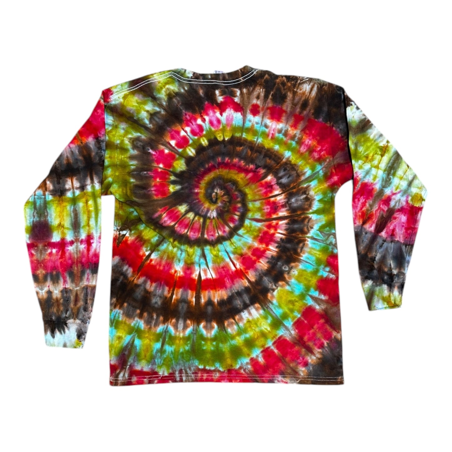 Youth XL Watermelon Pink Blue Brown and Green Spiral Ice Dye Tie Dye Long Sleeve Shirt