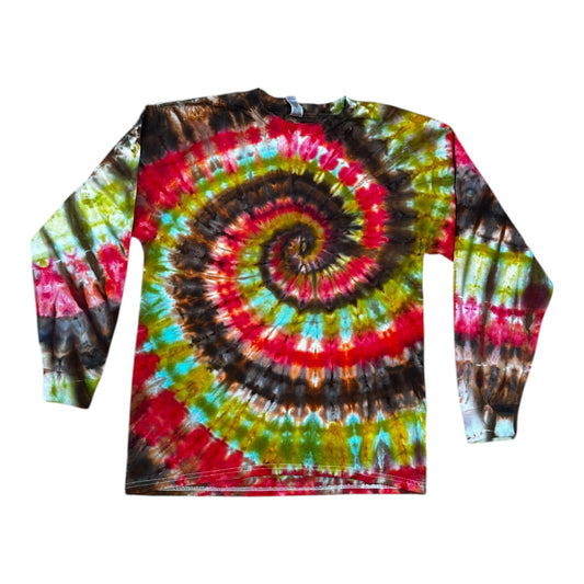 Youth XL Watermelon Pink Blue Brown and Green Spiral Ice Dye Tie Dye Long Sleeve Shirt