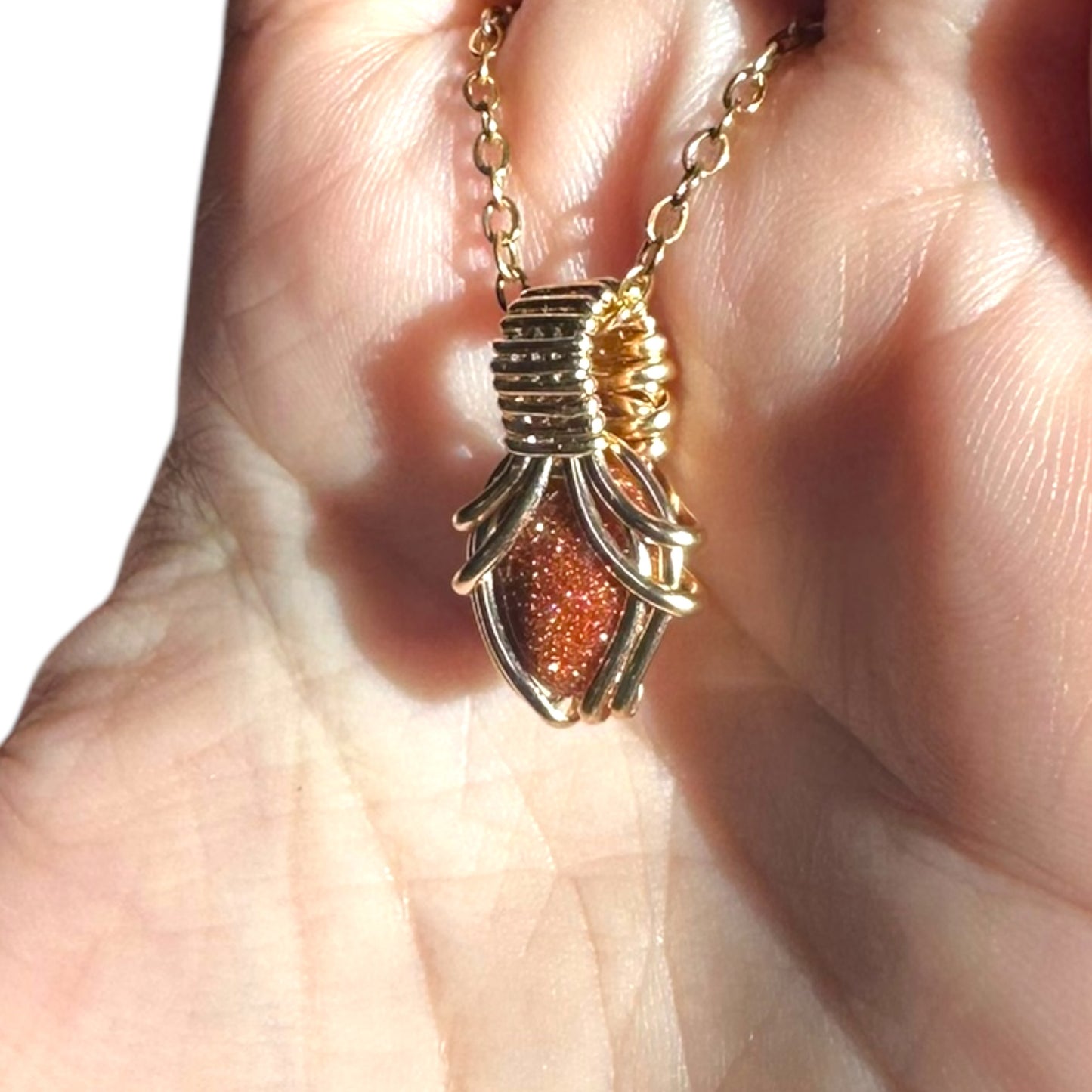 Sterling Silver | 14KT Gold Filled Mini Teardrop Goldstone Wire Wrapped Wishbone 2.0 Pendant