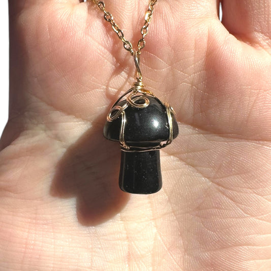 Sterling Silver | 14KT Gold Filled Onyx Wire Wrapped Mushroom Crystal Pendant