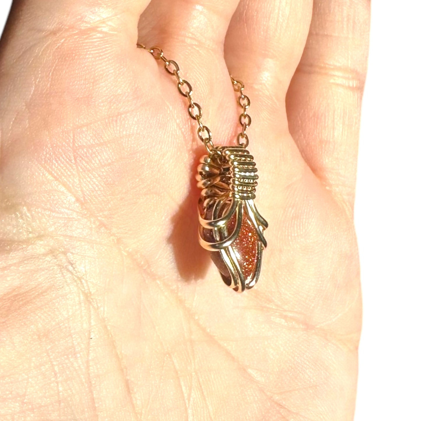 Sterling Silver | 14KT Gold Filled Mini Teardrop Goldstone Wire Wrapped Wishbone 2.0 Pendant